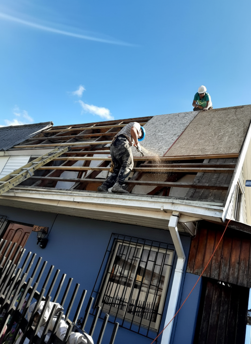 Equipo de Canales Tech trabajando en reparación de techo